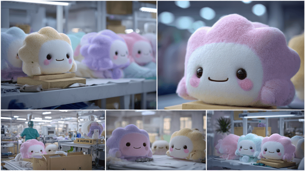 Cartoon-style illustration of bulk plush toy order workflow, showing samples, tech pack, checklist, and safety compliance