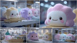 Cartoon-style illustration of bulk plush toy order workflow, showing samples, tech pack, checklist, and safety compliance