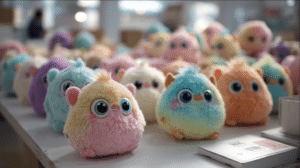 Plush toy cost calculation workflow with 3D digital modeling and fabric layout in a cartoon style