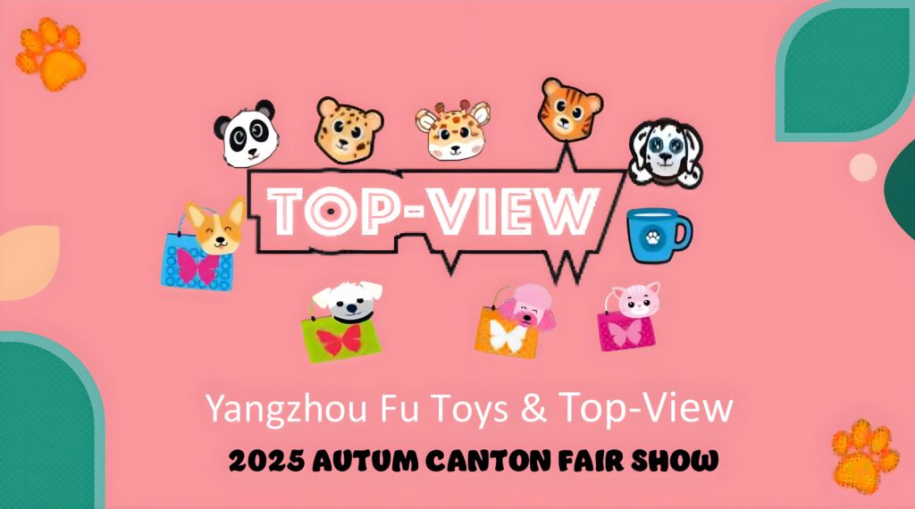 Canton Fair exhibition hall with colorful plush toys displayed in the foreground, bright and clean banner for 2025 plush toy catalog