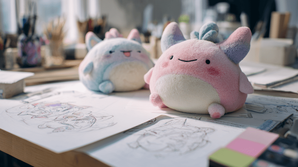 Cartoon illustration showing plush toy MOQ concept with different order quantities and pricing comparison