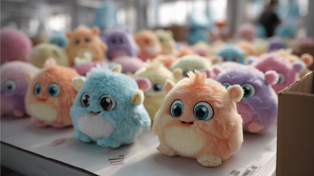 Cartoon-style illustration of plush toy export packaging with cartons, polybags, shipping labels, and protection measures