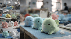 Plush toy cutaway showing different stuffing materials like PP cotton, foam particles, and plastic pellets