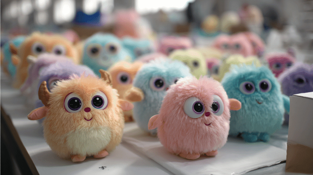 Plush toy wash labels with multilingual care instructions and safety compliance details in cartoon style