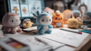 Plush toy quality inspection and customer discussion in cartoon factory style