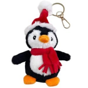 Penguin plush keychain wearing a Christmas hat and scarf