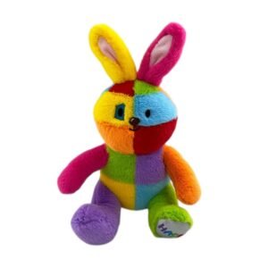 Colorful patchwork Easter bunny plush toy with multicolored fabric panels